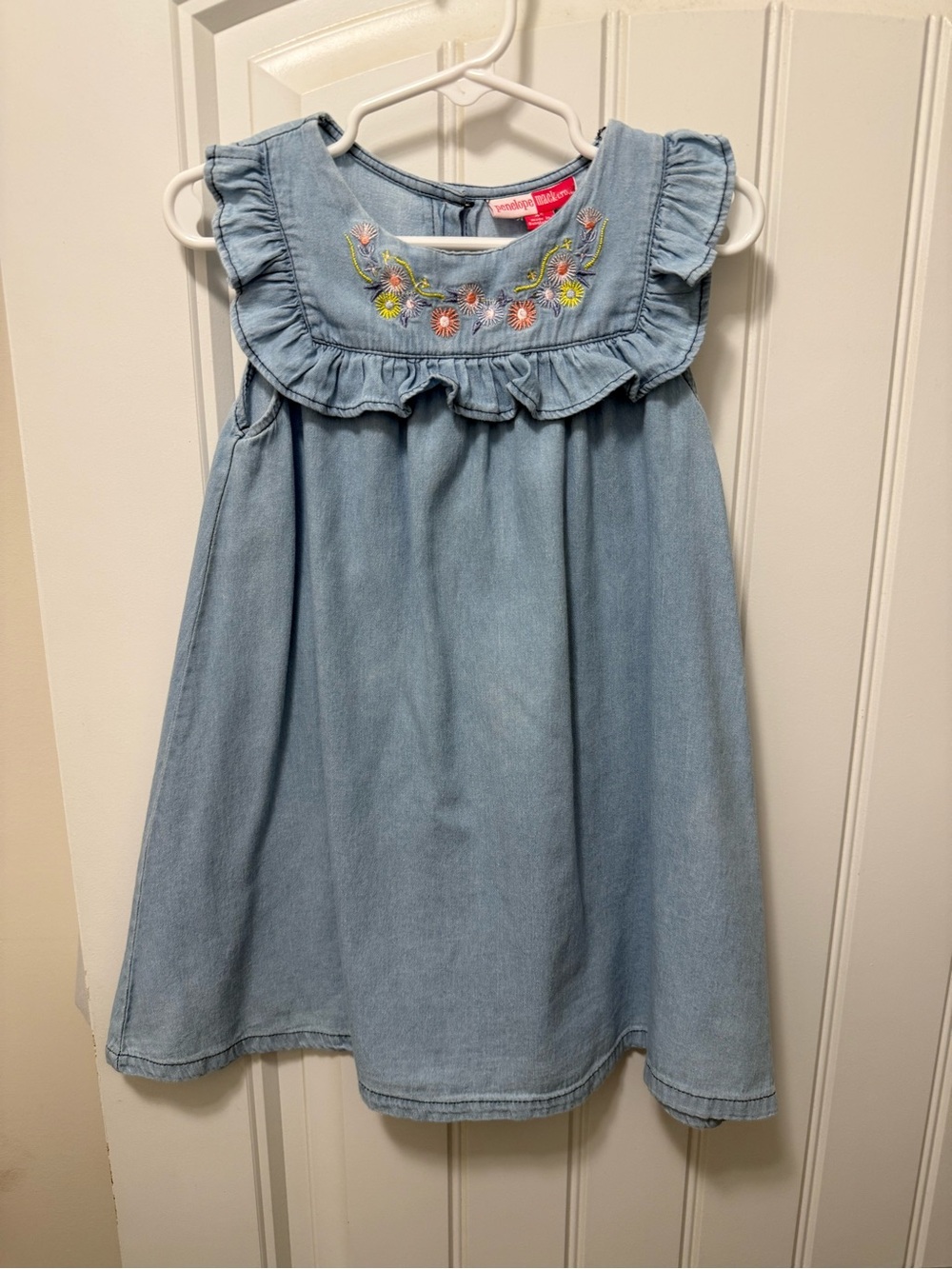 Penelope Mack Light Blue Denim Dress with Floral Embroidery
